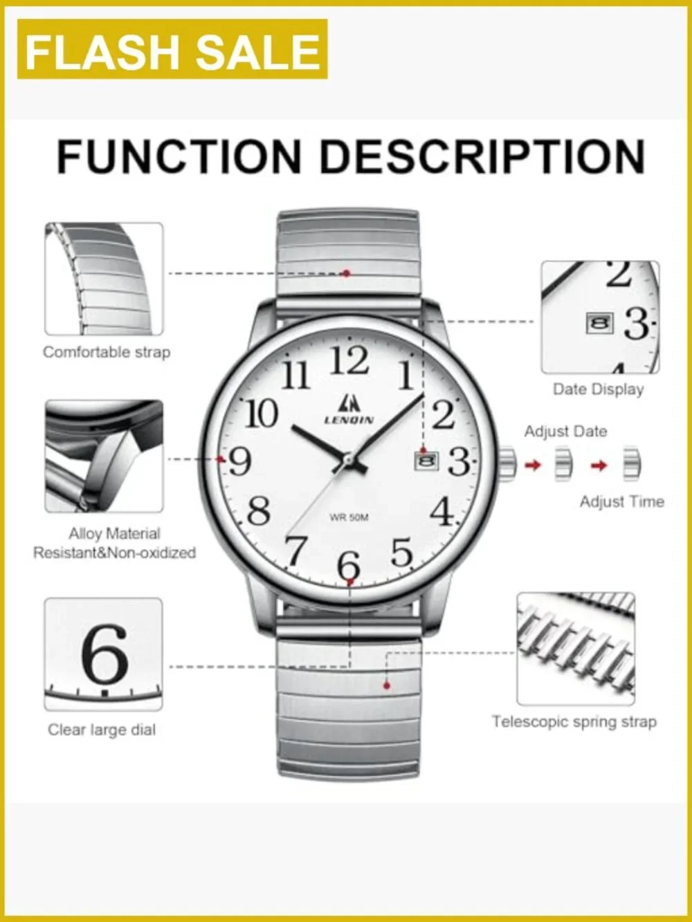 Men's 38mm Analog Quartz Watch Stainless Steel Band Date Water Resistant